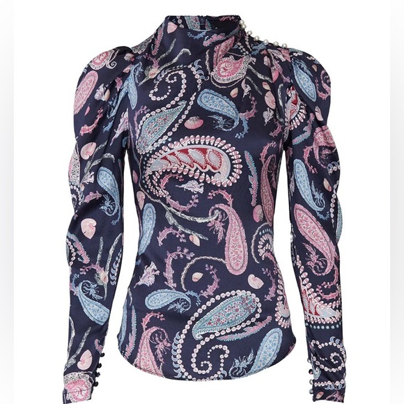 Thurley Crown Of Thornes Silk Blouse Paisley Pearl Beads Lavender Baby Blue US10 - Picture 5 of 14